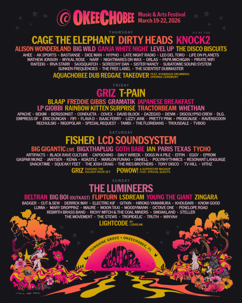 Poster for Okeechobee Music & Arts Festival Lin-Up featuring The Lumineers, Cage The Elephant, T-Pain, Fisher, and more. 